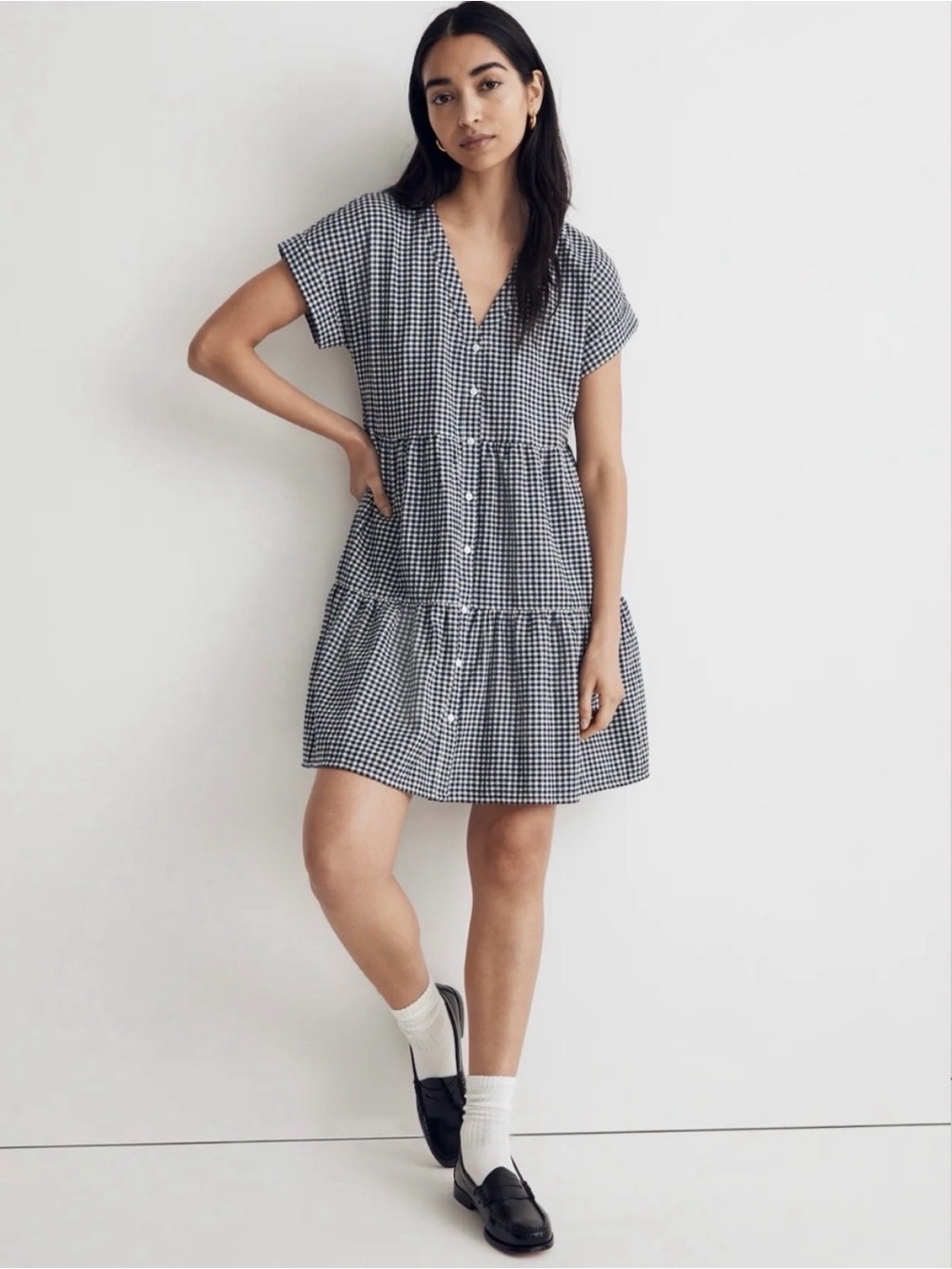 Madewell | Blue & White Gingham Button-Front Tiered Mini Dress